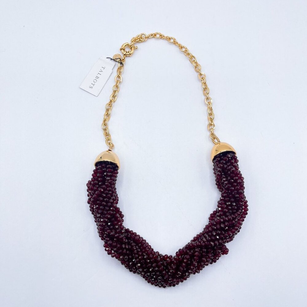 NWT Talbots Pomegranate Color Twisted Beaded Necklace With Gold-Tone Chain & Cla